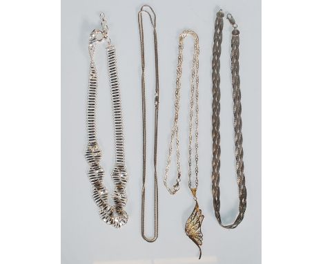 A group of three stamped 925 silver necklaces to include a plaited design necklace, a twist design necklace chain, a cross ov