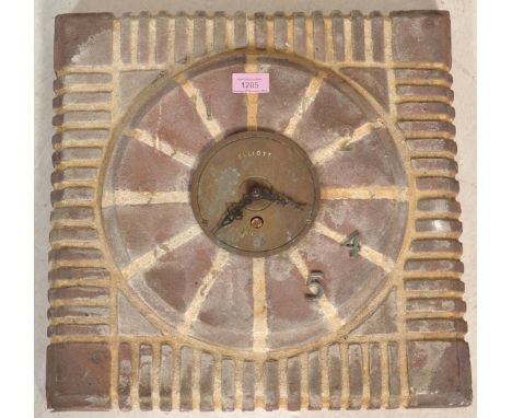 A mid 20th Century garden wall clock of square form constructed from cemented bricks forming a chapter ring and frame with a 