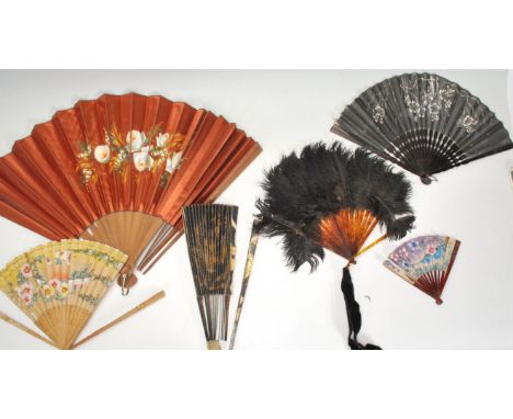 A collection of vintage fans dating from the early 20th Century to include an Art Deco faux tortoise shell fan with ostrich f