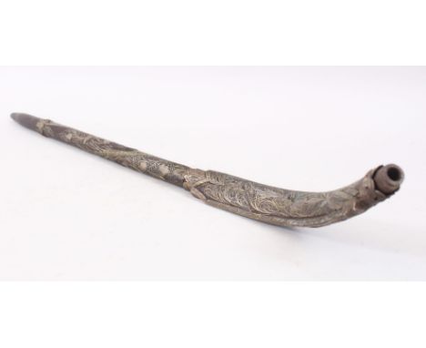 AN UNUSUAL LARGE 18TH CENTURY OTTOMAN TURKISH SILVER INLAID WOODEN SMOKING PIPE, 63CM LONG.