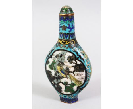 A GOOD 18TH / 19TH CENTURY CHINESE CLOISONNE SNUFF BOTTLE, the bottle depicting scenes of birds upon branches, with possibly 