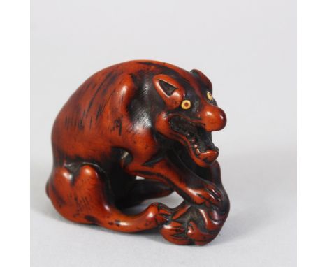 A JAPANESE LATE EDO PERIOD CARVED WOODEN NETSUKE OF A WOLF WITH A DEER HAUNCH, the wolf in a semi seated position with its mo