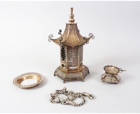 A GOOD 19TH CENTURY CHINESE SILVER PAGODA / CENSER AND THREE OTHER, the pagoda in two pieces and slots together, 28cm high x 
