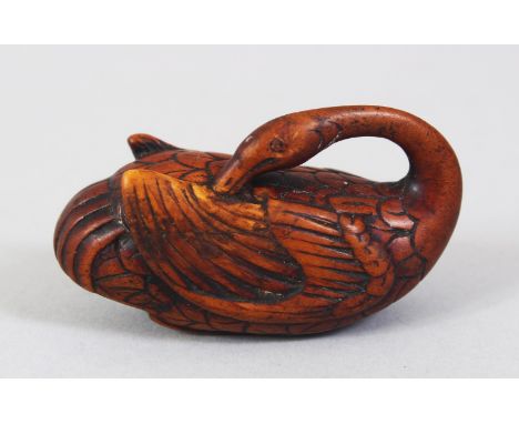 A JAPANESE EDO PERIOD CARVED WOODEN NETSUKE OF A CRANE, the crane in recumbent position with its head back, the himotoshi for