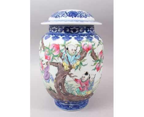 A GOOD CHINESE REPUBLICAN PERIOD FAMILLE ROSE JAR &amp; COVER, once converted to a lamp, the body ith decoration of boys play