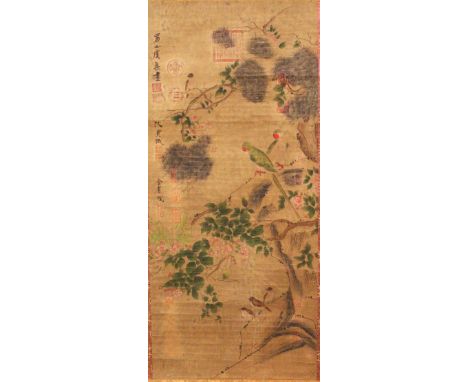 A GOOD CHINESE HANGING SCROLL PICTURE, the picture depicting scenes of birds amongst native flora, with Chinese calligraphy a