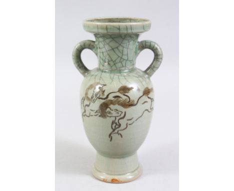 A GOOD CHINESE / KOREAN 20TH CENTURY CELADON GROUND CRACKLE GLAZE VASE, the body of the vase with stylized horse decoration, 