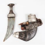 A FINE QUALITY 19TH CENTURY RHINO HORN HILTED OMANI ARAB JAMBIYA DAGGER, 30.5cm long.