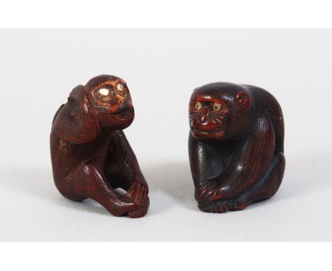 TWO GOOD JAPANESE MEIJI PERIOD CARVED WOODEN NETSUKE OF MONKEYS, both monkeys in seated positions stretching their hands in f