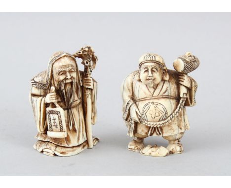 TWO GOOD JAPANESE MEIJI PERIOD CARVED IVORY LUCKY GOD NETSUKE, both netsuke in the form of lucky gods, both 5.5cm high. (2)