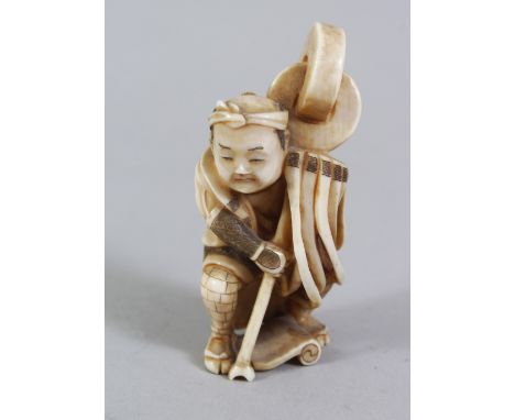 A JAPANESE MEIJI PERIOD CARVED IVORY NETSUKE OF A MAN, himotoshi formed at the rear, 6cm.