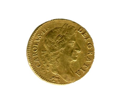 A Charles II guinea 1681, elephant and castle below bust. Note: the elephant and castle below bust indicates that this coin w