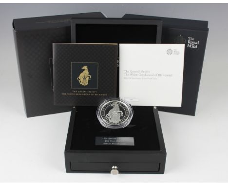 An Elizabeth II Royal Mint The Queen's Beasts ten-ounce silver proof ten pounds 2021 'White Greyhound of Richmond', cased and