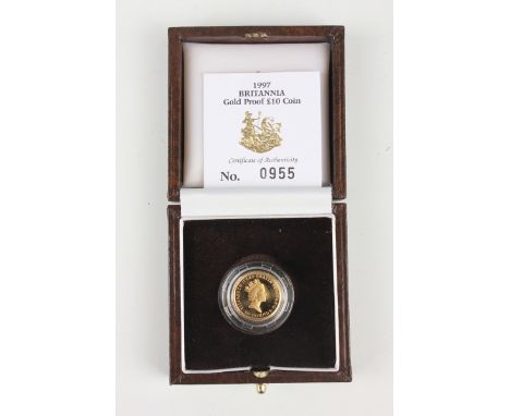 An Elizabeth II Royal Mint gold proof Britannia ten pounds 1997, cased with certificate, No. 0955.Buyer’s Premium 29.4% (incl
