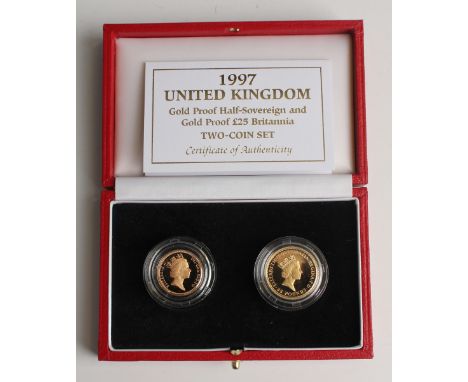 An Elizabeth II Royal Mint gold proof two-coin set 1997, comprising half-sovereign and Britannia twenty-five pounds, cased wi