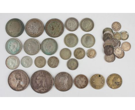 A Victoria Jubilee Head crown and half-crown, both 1891, together with a small collection of other coins, including a group o