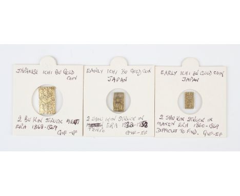 A group of three Japanese gold ichi-bu, comprising a two bukin 1868-1869 and two two shu-gin, both mid-19th century.Buyer’s P