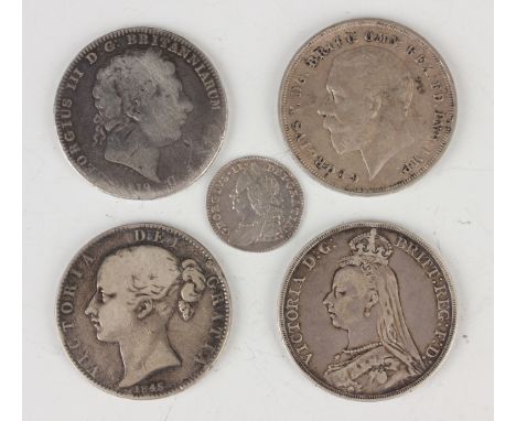 A collection of European and world coins, including a George III crown 1819, edge detailed 'LIX', a Victoria Young Head crown