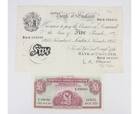 A Bank of England white five pounds note, dated 'London November 1st 1955', Chief Cashier L.K. O'Brien, together with a Briti