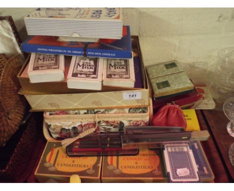 A Tray Containing Various Playing Card Sets Including Use More Milk, Wade Candlesticks, Bridge Sets Etc. 
