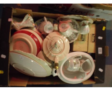 A Box of Ceramics Containing Tea Cups and Saucers Teapot Decorated Plated Bowls Etc Ravenhead Glass.