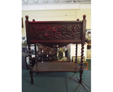 An Edwardian Oak Rectangular Planter with Carved Floral Decoration on Barley Twist Supports with Stretcher Shelf.