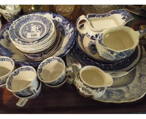 A Tray of Blue and White Wares to Include Bowl, Meat Plate, Coffee Cups and Saucers Etc.