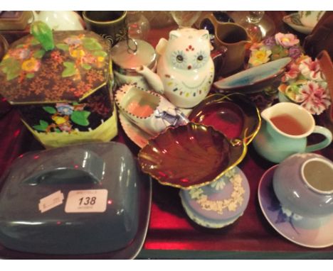 A Tray of Ceramics to Include Wedgwood Jasperware, Carlton Rouge Royal, Denby, Poole, Royal Worcester Etc.