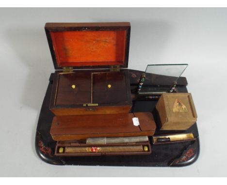A Collection of Curios to Include Oriental Lacquer Work Blotter, Two Division Tea Caddy, Drawing Instrument Case, Photo Frame