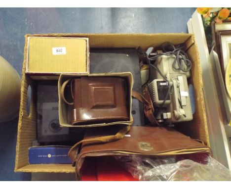 A Box Containing Vintage Cameras Projector Ultra Reel to Reel Tape Recorder Etc.