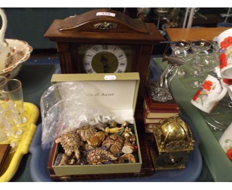 A Tray Containing A Collection of Thimbles, Mantle Clock, Wade Tortoises and Whimsies, Repro Lantern Clock Books and Fish Orn