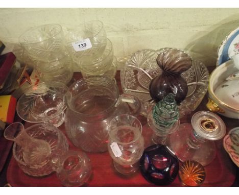 A Tray of Coloured and Plain Glassware to Include Paperweight Bowls, Candle Stick Jug Etc.