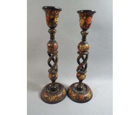 A Pair of Lacquered Spiral Twist Candle Sticks or Table Lamp Bases Decorated with Flowers. 