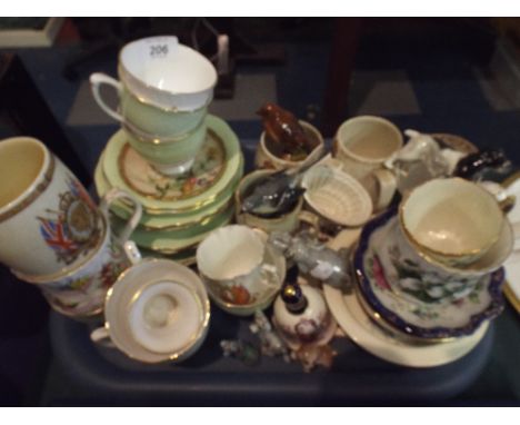 A Tray of Ceramics to Include Decorated Cups and Saucers, Beswick Birds and Spaniel, Miniature Jelly Mould, Wade Whimsies, Co