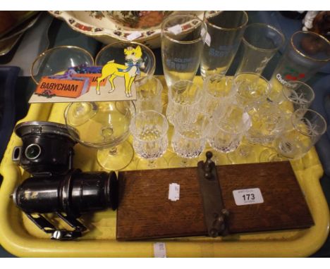 A Tray Containing Vintage Lucas Bicycle Lamp, Babycham Glasses Tie Press Etc.