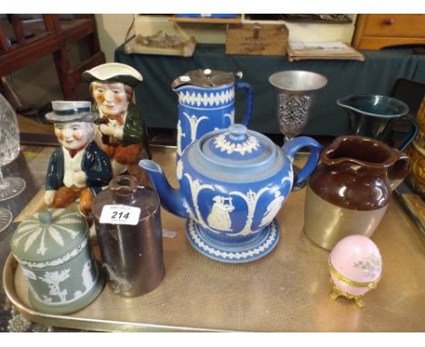 A Tray of Ceramics to Include Jasperware Teapot on Stand, Wedgwood Jasperware Lidded Pot, Two Toby Jugs, Jasperware Water Jug