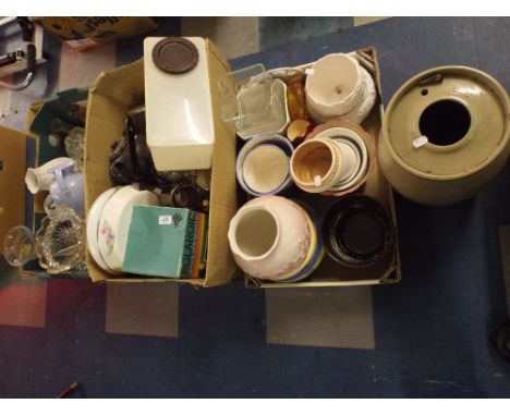 Three Boxes of Ceramics and Glass Ware, Stone Ware Barrel, Polaroid Camera Etc. 