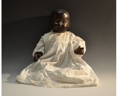 Armand Marseille - -a black bisque socket head My Dream baby doll, impressed AM Germany, 352/4.1/2 K, open close brown glass 