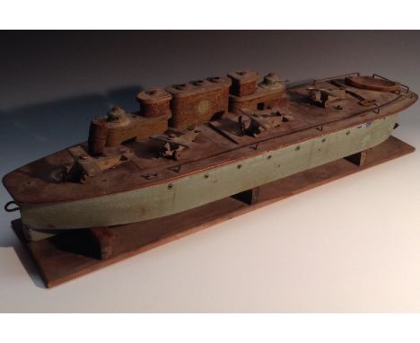 An early 20th century style clock work Aircraft Carrier, wooden hull, metal gun turrets, three removable panels, the deck set