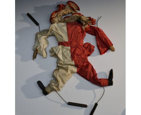 A vintage Human Puppet body, Clown, fabric body, carved wooden hands and feet operated by wire arms, frilled neck collar for 
