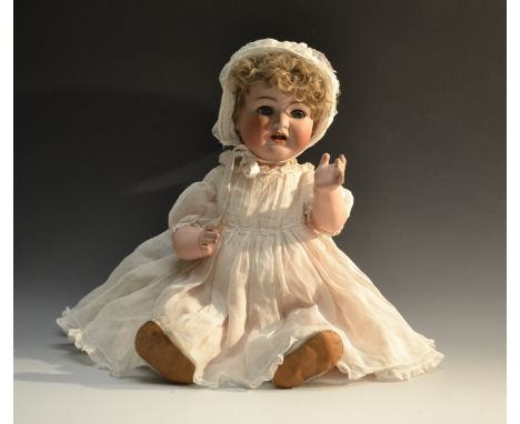 A Kammer & Reinhardt/ Simon & Halbig bisque head baby doll, open close blue glass eyes, open mouth, blond wig, composite body