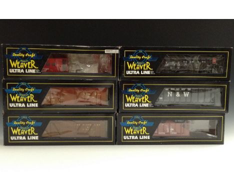 Weaver Models - six O gauge goods wagons, comprising 8002, outside braced boxcar, nickle plate road;  67999, 2 bay composite 