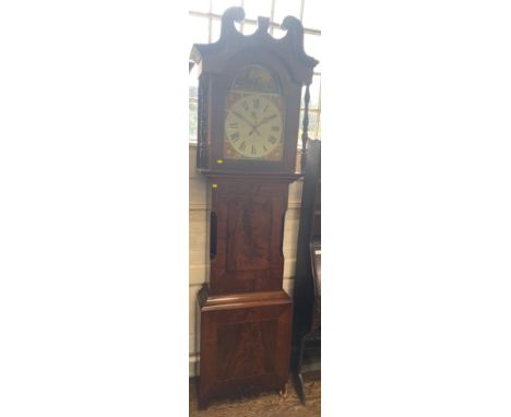 A 19th century mahogany Long case Clock. No maker. The white enamel dial with Roman numerals. 