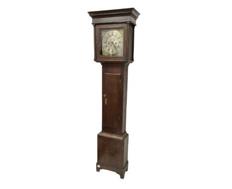 8-day oak longcase clock - with a flat top and broad cornice , square hood door with attached pilasters, long trunk door with