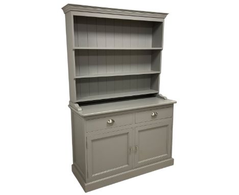 Light grey painted kitchen dresser, projecting moulded cornice over three-tier plate rack, fitted with two drawers and two cu