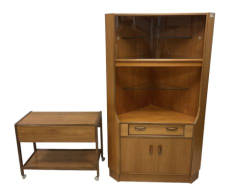 G-Plan - mid-20th century teak 'Fresco' corner cabinet (W100cm H171cm); mid-20th century teak two-tier drinks trolley, rectan