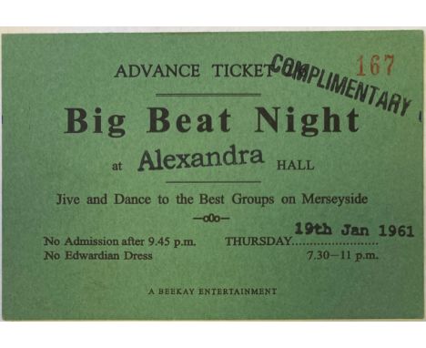 1961 BEATLES BIG BEAT ALEXANDRA TICKET. An original printed card ticket for a 'Big Beat Night' at Alexandra Hall, Liverpool. 