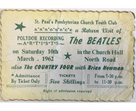 THE BEATLES ST PAUL'S PRESBYTERIAN TICKET. A rare original ticket stub for The Beatles performance at St Paul's Presbyterian 