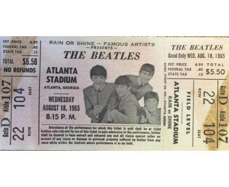 THE BEATLES ATLANTA GEORGIA 1965 TICKET. An original, complete ticket for the Beatles performance at Atlanta Stadium, Georgia