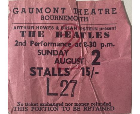 BEATLES GAUMONT 1964 TICKET. An original ticket stub for The Beatles performance (with Kinks support) at The Bournemouth Gaum